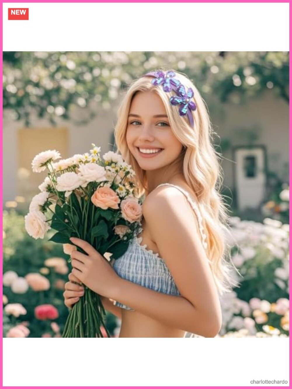 Flower Headband Purple Glitter Floral Hair Hoop Spring Summer Headpiece - Picture 5 of 6